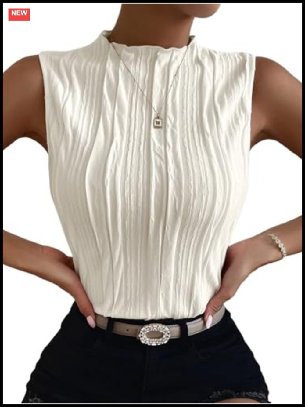 Mock Neck Textured Tank Top Sleeveless Regular Fit Office Business Outfit